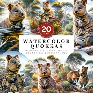 Watercolor Quokka Clipart Bundle, Cute Australian Animal Digital Art, Printable PNG Images, Scrapbooking, Card Making, 20 PNG Designs