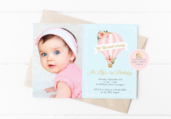 Hot Air Balloon First Birthday Invitation Balloon Invitation 1st Birthday Printable Invitation Up Up and Away Printable Birthday Balloon Il_570xn