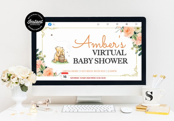 Winnie Pooh Social Media Header Digital Download Banner, Baby Shower Facebook Event Cover Editable Template For A Classic Pooh Bear Party, Il_570xn