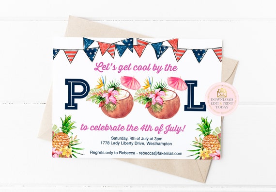 Printable 4th of July Pool Party Invitation Instant Download Fourth of July Patriotic Invitation Editable Invitation Template Corjl Il_570xn