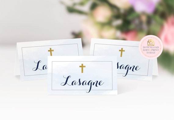 Blue Watercolor Baptism Place Cards, Christening Place Cards, First Communion Place Cards, Confirmation, Food Labels, INSTANT DOWNLOAD Il_570xn