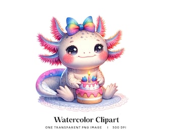Rainbow Axolotl Birthday Clipart: Festive Watercolor PNG (Digital Download)