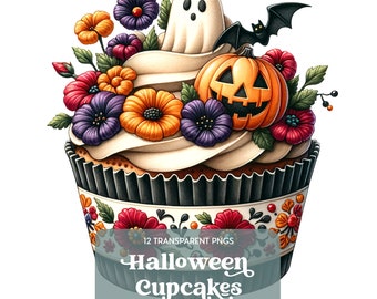 Halloween Cupcake Digital Clipart, Spooky Ghost Pumpkin Illustration, Autumn Party PNG, Scrapbooking, Printable, Commercial Use