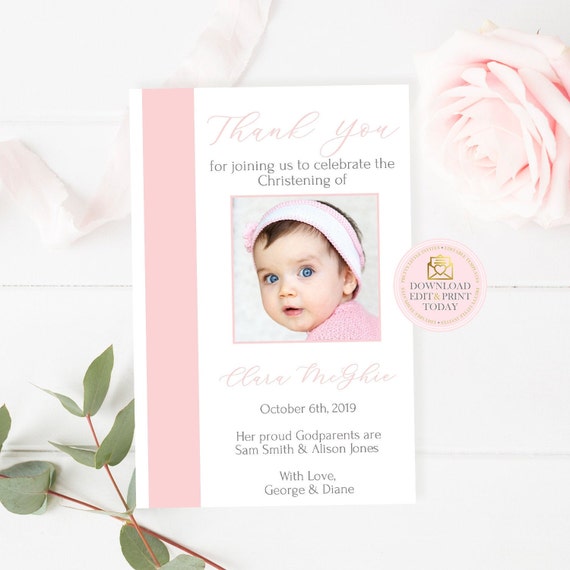 Girl Baptism or Christening Thank You Card, Baptism Printable Card, Baby Thank You Card, Download Thank You, Thank You For Godmother Il_570xn