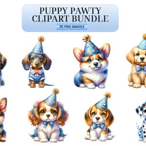 Puppy Pawty Clipart Watercolor Dog Party Images, Cute Canine Birthday Celebration, Digital Download, Pet Planner Stickers, Scrapbooking image 3