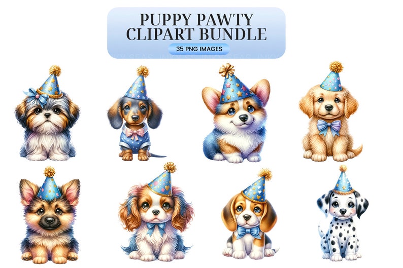 Puppy Pawty Clipart Watercolor Dog Party Images, Cute Canine Birthday Celebration, Digital Download, Pet Planner Stickers, Scrapbooking image 3