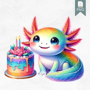 Clipart anniversaire mignon Axolotl, créature lunatique numérique PNG, Illustration fantastique pour animaux de compagnie, conception de gâteau et de bougies, Image de scrapbooking
