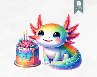 Cute Axolotl Birthday Clipart, Whimsical Creature Digital PNG, Fantasy Pet Illustration, Cake and Candles Design, Scrapbooking Image