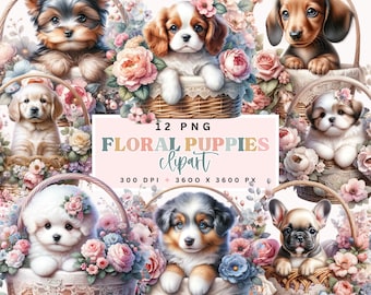 Floral Puppies Clipart, Digital Dogs and Flowers, Cute Pet Illustrations, Scrapbooking, Planner Stickers, DIY Invitations, Commercial Use