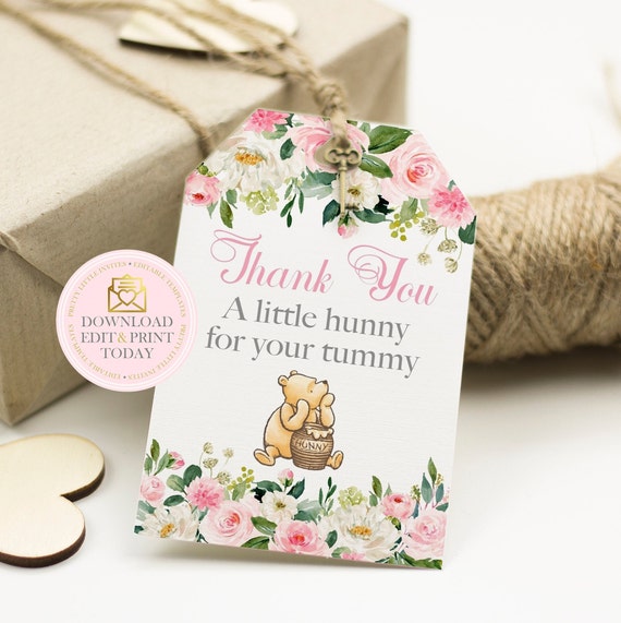Classic Pooh Tags, Winnie The Pooh Baby Shower A Little Hunny For Your Tummy Gift Tag, Pooh Birthday, Party Favor Tag, Editable Template Il_570xn