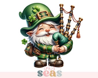 St. Patrick's Day Gnome Clipart, Bagpiper Gnome Graphic, Irish Celebration Digital Download, Festive March Holiday Decor, Printable Art