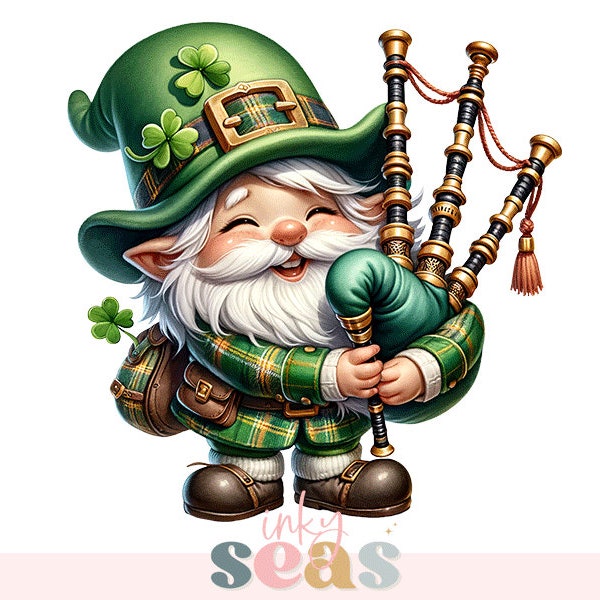 St. Patrick's Day Gnome Clipart, Bagpiper Gnome Graphic, Irish Celebration Digital Download, Festive March Holiday Decor, Printable Art