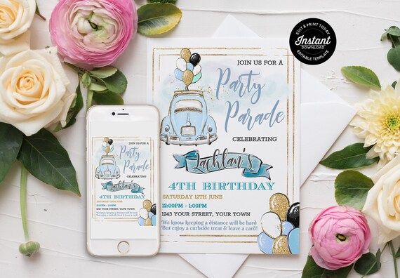 Boys Drive By Birthday Parade Invitation - Editable Template For A Social Distancing Party - Quarantine Drive Through Party Invite Il_570xn