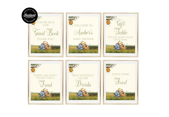 Winnie The Pooh Baby Shower Printable Table Sign Bundle, Classic Pooh Baby Shower, INSTANT DOWNLOAD, Baby Shower Decor, Editable Template Il_570xn