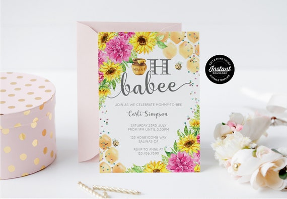 Oh Babee Baby Shower Invitation, Instant Download Editable Bee Invitation Template, Printable Bee Invite, Yellow & Pink Floral Shower Il_570xn