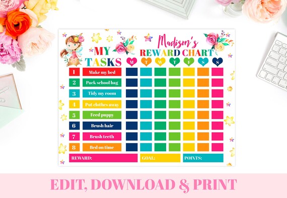 EDITABLE Fairy Chore Chart, Fairy Responsibility Chart For Girls, Instant Download Kids Fairy Reward Chart, Fairy Behavior Chart Printable Il_570xn