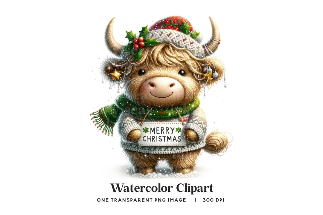 Christmas Highland Cow Clipart PNG, Festive Cow Sublimation (digital ...