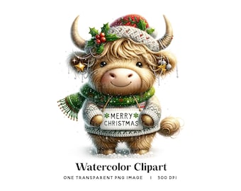 Christmas Highland Cow Clipart PNG, Festive Cow Sublimation (Digital Download)