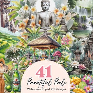 Pacchetto Clipart di Bali, PNG acquerello indonesiano, Clipart tropicale, Clipart matrimonio balinese, Clipart viaggio, Download digitale
