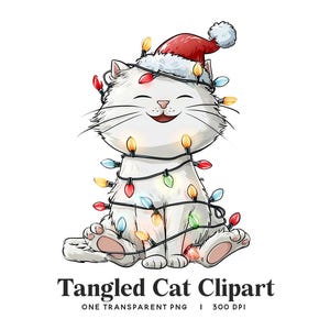 Pode incluir: Ilustração de um gato branco com um gorro de Papai Noel vermelho e luzes de Natal coloridas. O gato está sorrindo. A imagem inclui o texto "Tangled Cat Clipart".