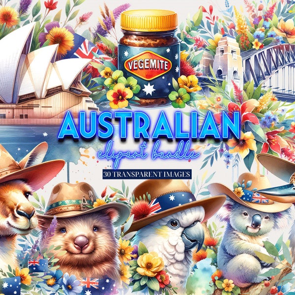 Australia Day Clipart, Watercolor Australia Clipart, Australian Animals Clipart, Kangaroo, Koala, Kookaburra, Iconic Landmarks, Bondi Beach