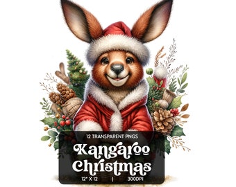 Whimsical Kangaroo Christmas Clipart, Festive Holiday Animals, Unique Australian Wildlife High Quality Digital Download Illustrations