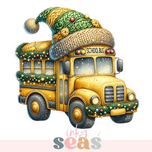 Christmas School Bus PNG: Santa Hat, Festive Lights (Digital Download)