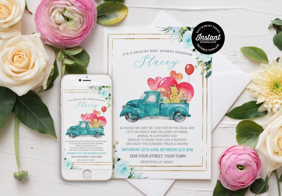 Editable Drive By Baby Shower Invitation with Classic Winnie The Pooh - Social Distancing Shower Invitation Template - Instant Download Il_570xn