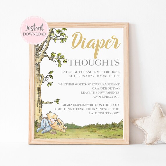 Vintage Winnie The Pooh Diaper Thoughts, Fun Baby Shower Game, Classic Pooh Write On Diaper Game, Late Night Diaper Message Sign Pooh Bear Il_570xn