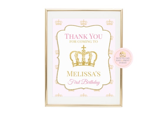 Princess Party Welcome Sign, Printable Sign, Princess Birthday, Pink and Gold Princess Sign, Birthday Sign, First Birthday, INSTANT DOWNLOAD Il_570xn