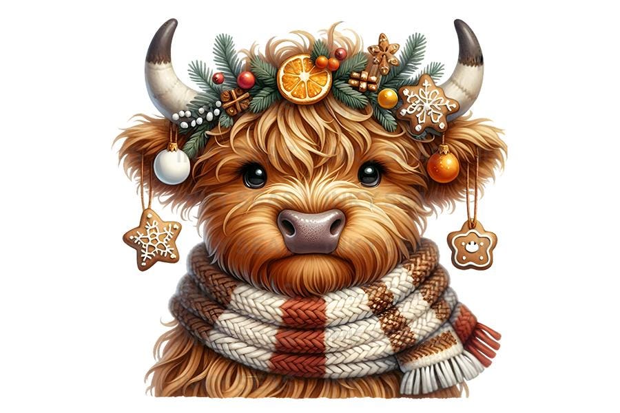Christmas Highland Cow PNG Clipart Bundle, Festive Holiday Design ...