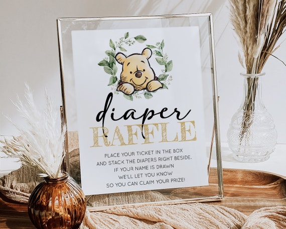 Greenery Winnie The Pooh Diaper Raffle Sign & Tickets, Place Your Diapers Here Sign, Pooh Bear Bring A Pack Of Diapers Baby Shower Game, GWP Il_570xn