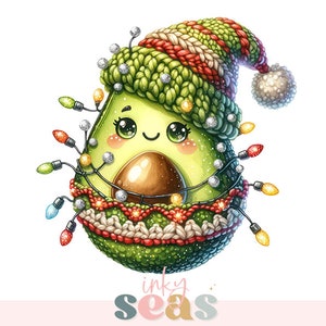 Entzückende Avocado Weihnachten PNG, Avocado PNG, Weihnachtslichter Avocado Sublimation Png, Nikolausmütze Avocado, Festliches Essen PNG, kommerzielle Nutzung