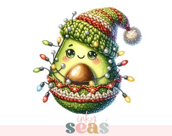 Adorable Avocado Christmas PNG, Avocado PNG, Christmas Lights Avocado Sublimation Png, Santa Hat Avocado, Festive Food PNG, Commercial Use