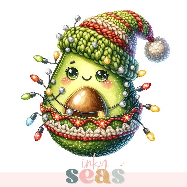 Adorable Avocado Christmas PNG, Avocado PNG, Christmas Lights Avocado Sublimation Png, Santa Hat Avocado, Festive Food PNG, Commercial Use