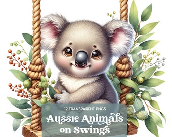 Australian Animals on Swings Clipart Bundle, 12 Digital PNG, Printable Aussie Wildlife PNG Illustrations, Whimsical Baby Animals Graphics