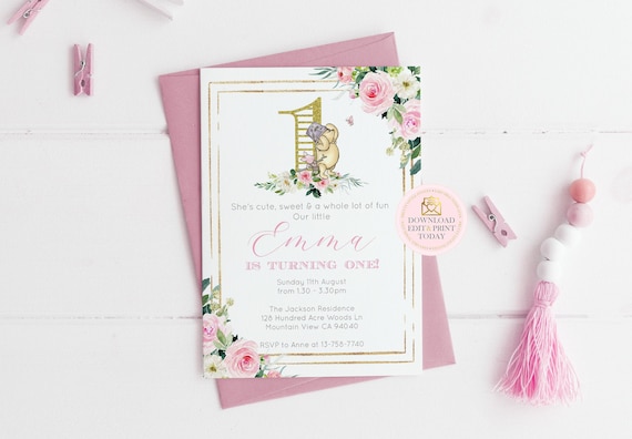 Winnie The Pooh Girls First Birthday Invitation Classic Winnie Pooh Invitation Template Pooh Bear Party Invitation Pooh & Piglet Pink Floral Il_570xn