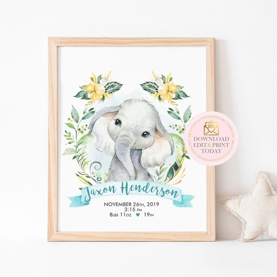 Elephant Nursery Art, Baby Boy Nursery Print, Safari Nursery Printable, New Baby Details Print, Edit Yourself, Instant Download DIY Il_570xn