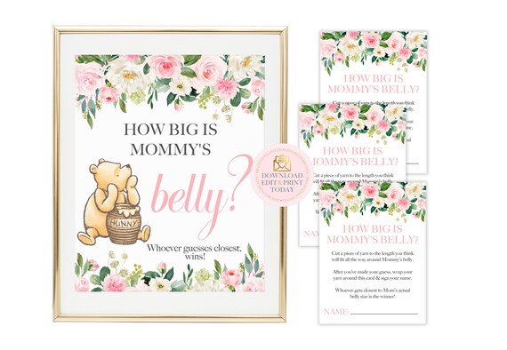 Winnie The Pooh Baby Shower, Classic Pooh Baby Shower, Pooh Baby Shower, How Big Is Mommy's Belly Game, Printable, INSTANT DOWNLOAD, Pink Il_570xn
