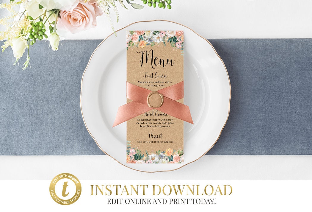 printable menu wedding menu menu template floral wedding menu