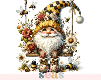 Whimsical Gnome Clipart, Honey Bee Floral Illustration, Garden Dwarf Digital Graphics, Scrapbooking PNG, Spring Bloom Downloadable Image