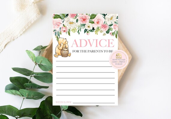 Pink Vintage Winnie Pooh Baby Shower Advice Card For Girl Baby Shower, Classic Pooh Bear Baby Shower Game, Story Book Advice For New Mommy Il_570xn