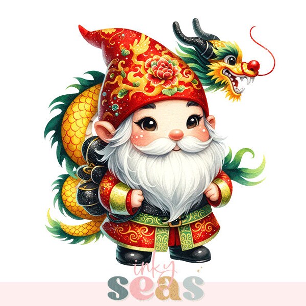 Festive Dragon Gnome Digital PNG, Chinese New Year Gnome Clipart, Instant Download, Lunar New Year Sublimation Design, Cute Gnome Graphic