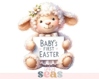 Baby's First Easter Clipart, Cute Lamb with Sign, Watercolor Style Spring Design for Invitations and Crafts