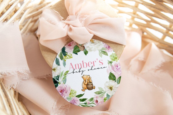Vintage Winnie The Pooh Cupcake Toppers For A Girl Baby Shower or First Birthday, Classic Pooh Round Favor Tag Editable Template Pink Floral Il_570xn