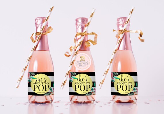 About To Pop Baby Shower Mini Champagne Labels, Ready To Pop, She's About To Pop, Baby Announcement, Printable Baby Shower Gift, Editable Il_570xn