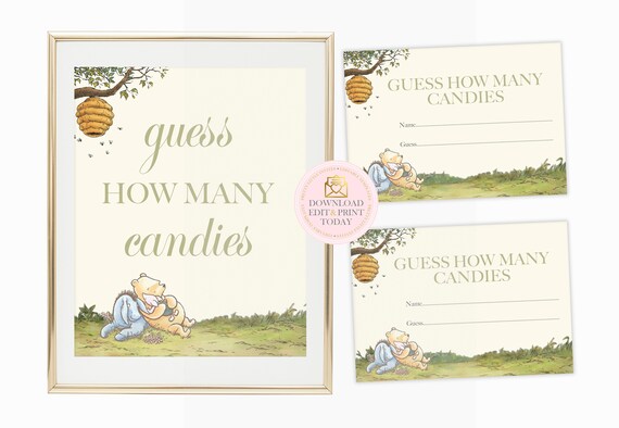 Winnie The Pooh Neutral Baby Shower Printable Guess How Many Candies Game, Guessing Game, Baby Shower Activity, How Many In The Jar Il_570xn