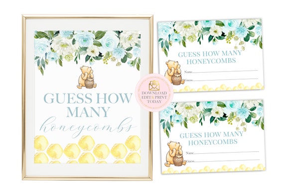 Blue Classic Winnie The Pooh Baby Shower Printable Honeycomb Guessing Game, Classic Pooh Bear StoryBook Baby Shower Game, Guess How Many Il_570xn