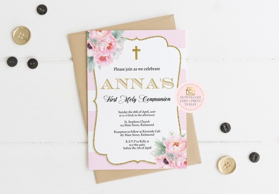Blush Pink and Gold First Holy Communion Printable Invitation, Girls Communion Invitation Template, Gold Glitter Invite, Floral Invitation Il_570xn