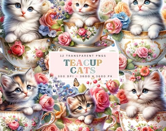 Teacup Kittens Clipart, 12 Transparent PNG, Cute Cat in Cups, Floral Digital Images, Scrapbooking, Invitation Design, Cat Lover Gift